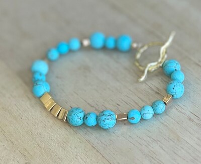 Beautiful Turquoise Howlite bracelet with 18k gold toggle lariat and Hematite Gold Accents, with gift bag, custom sized - image5